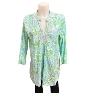 LILLY PULITZER Beaded Embroidered Sarasota Cotton Tunic Sz L‎ Green 3/4 Sleeve